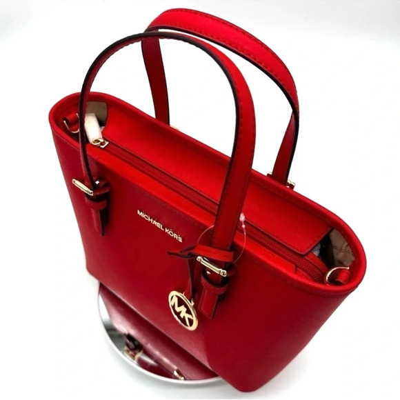 Michael Kors Jet Set Travel Extra-Small Top Zip Tote Bag Red/Gold - Picture 7 of 9